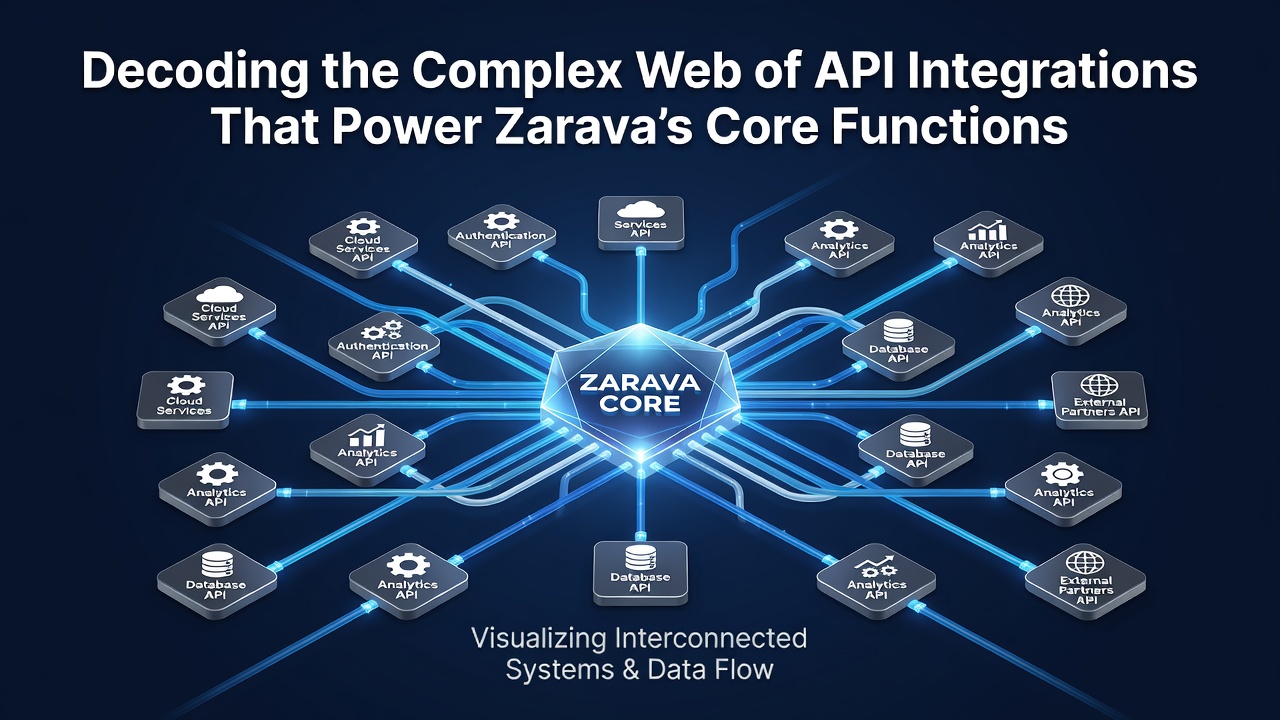Illustration of interconnected third-party APIs feeding into Zarava's main processing modules