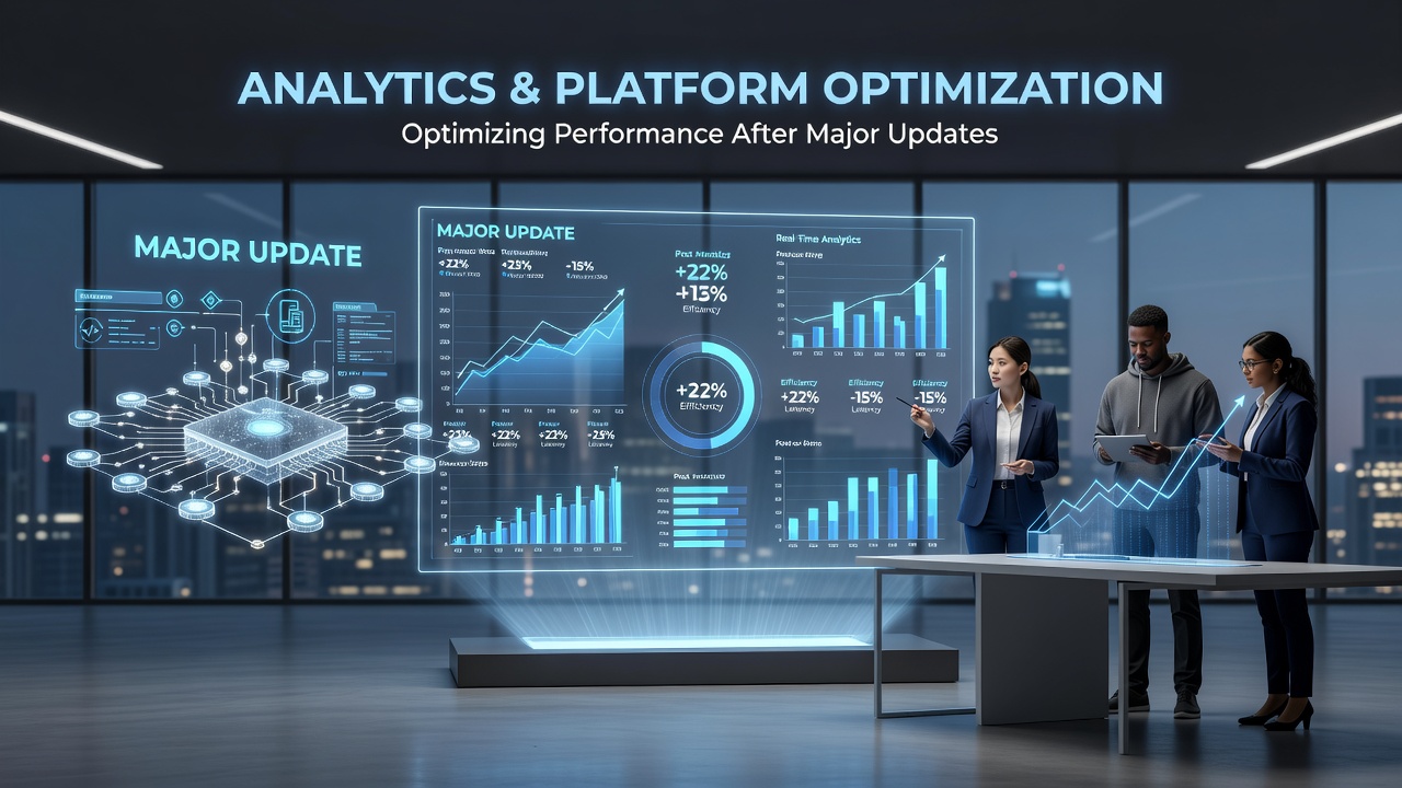 Team reviewing analytics charts during a post-update review meeting
