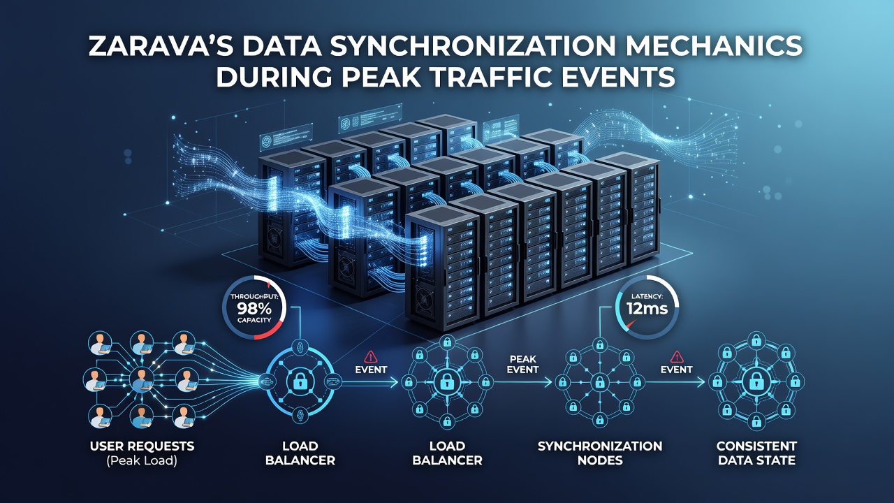 Network diagram illustrating Zarava's distributed nodes and synchronization pathways under peak load
